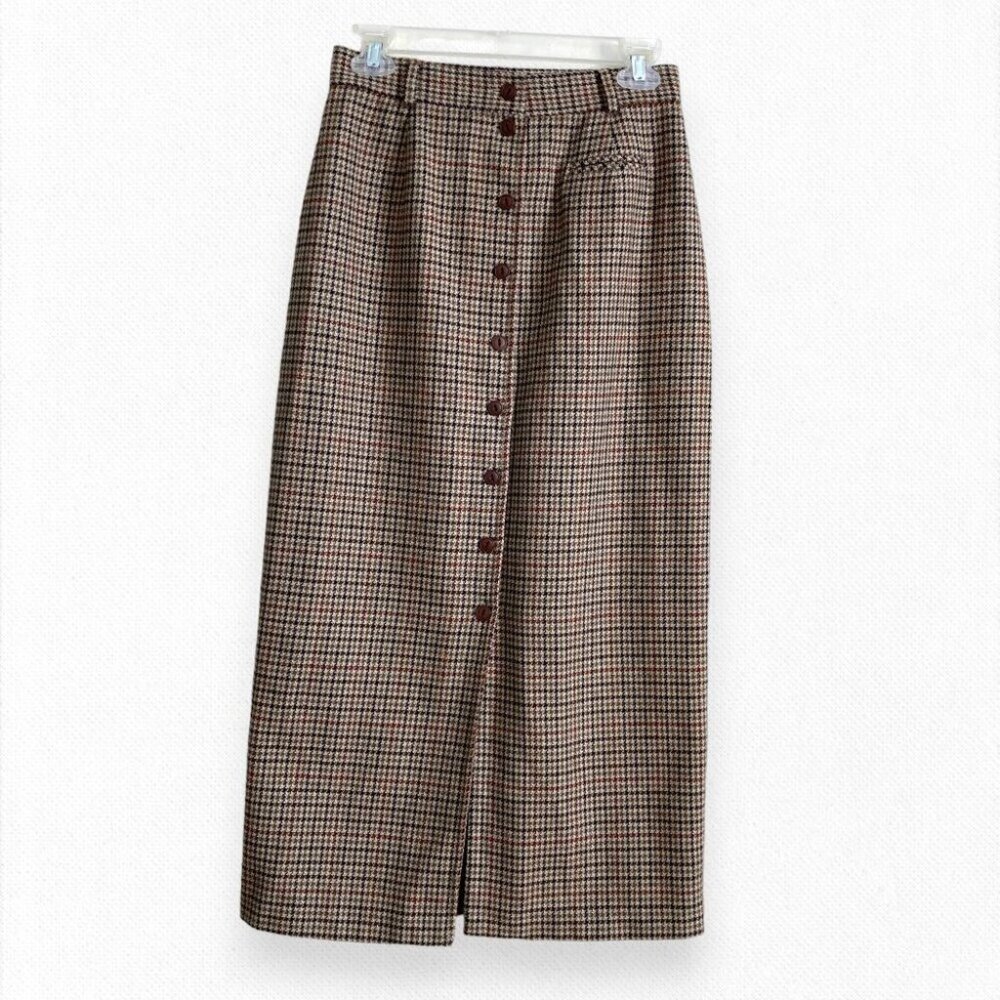 Vintage Tweed Maxi Skirt Brown Black Plaid Academia High Waist Size Small